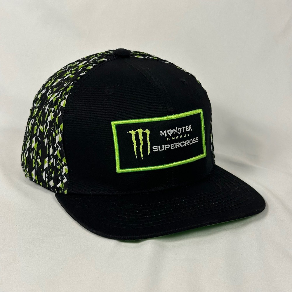 Monster Energy Supercross Snapback Hat Black Green Geometric Textured Pattern